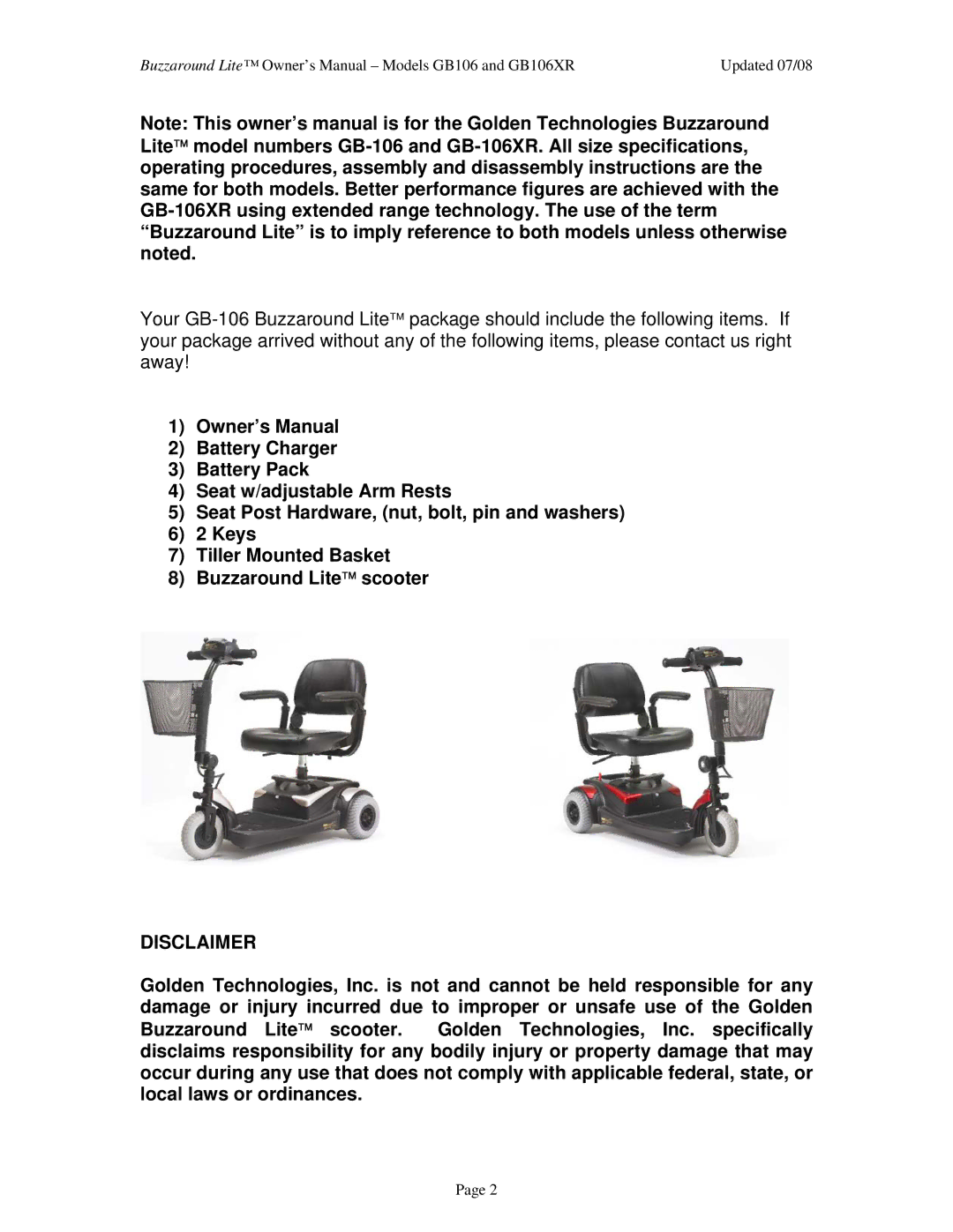 Golden Technologies GB106XR owner manual Disclaimer 