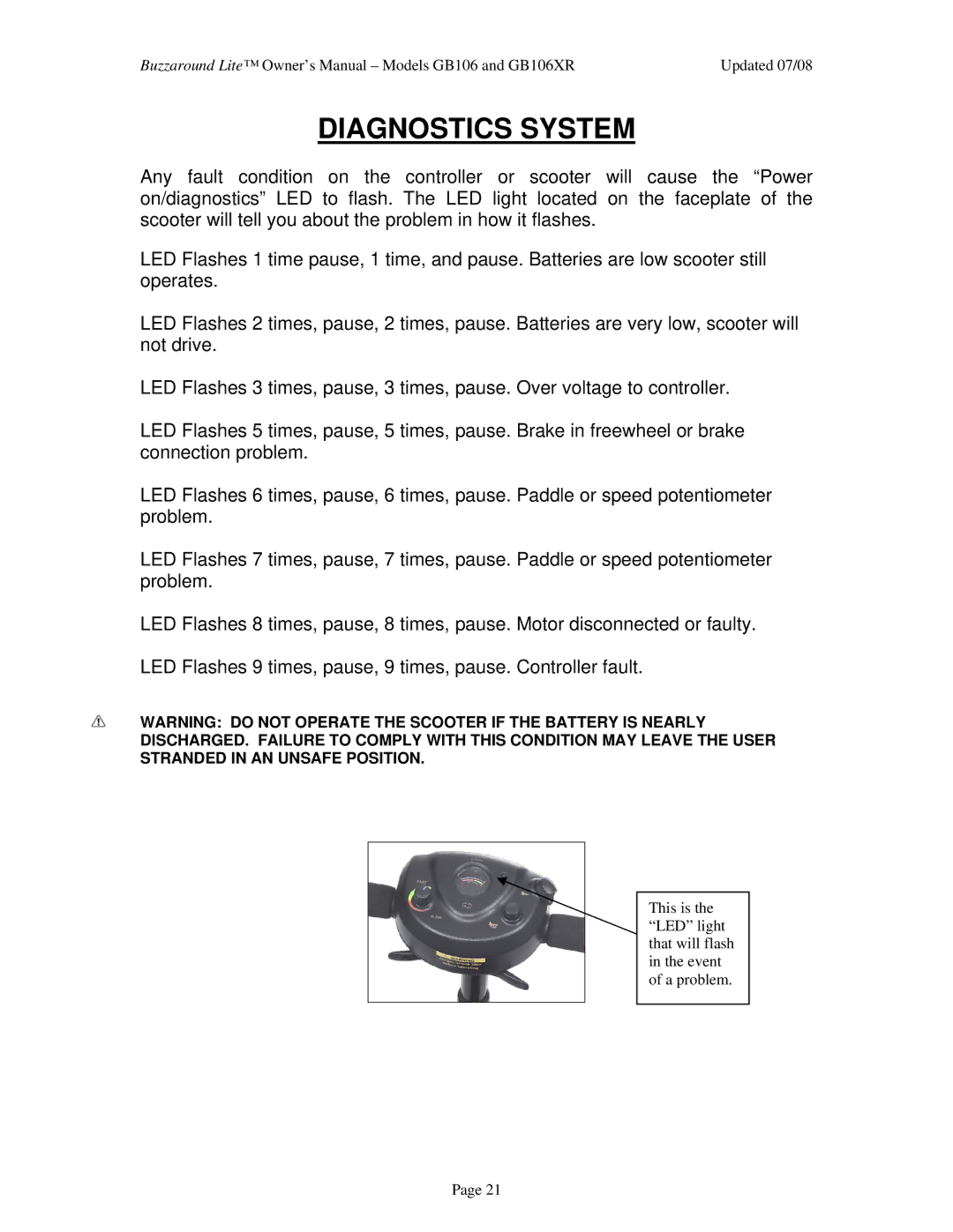 Golden Technologies GB106XR owner manual Diagnostics System 