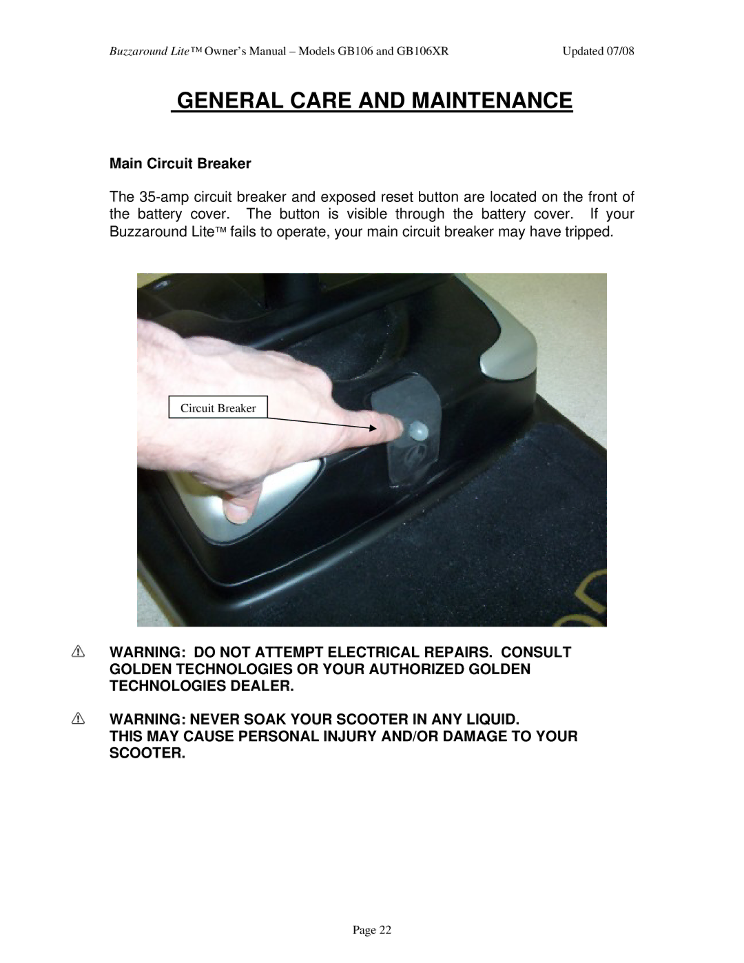 Golden Technologies GB106XR owner manual General Care and Maintenance, Main Circuit Breaker 