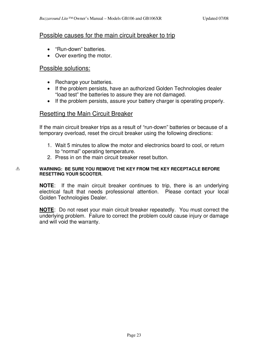 Golden Technologies GB106XR owner manual Possible causes for the main circuit breaker to trip 