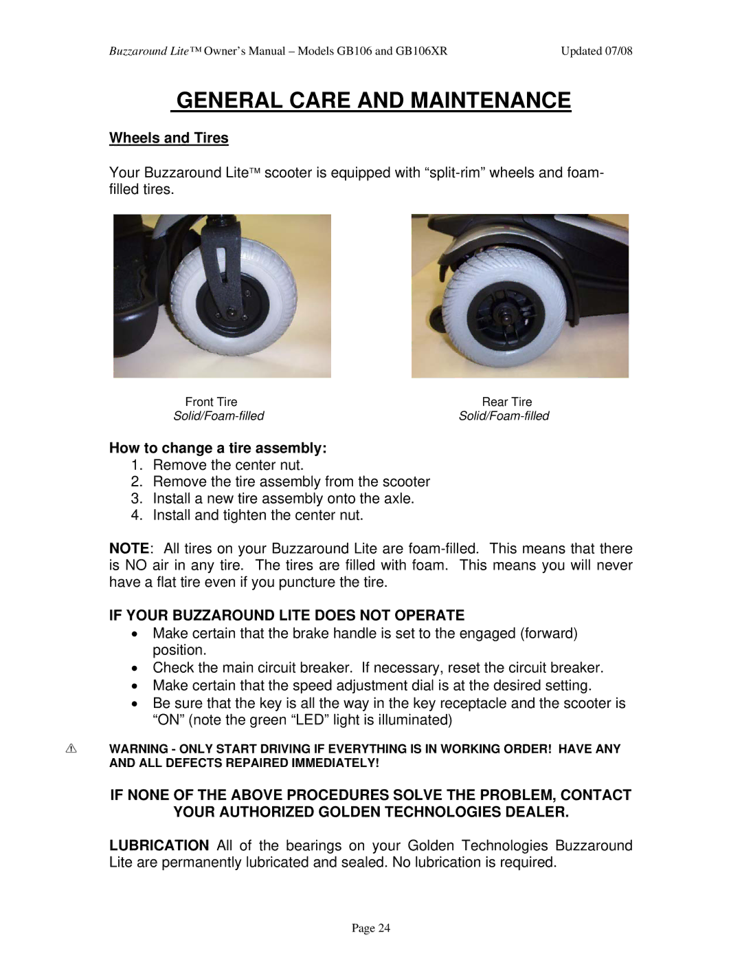 Golden Technologies GB106XR Wheels and Tires, How to change a tire assembly, If Your Buzzaround Lite does not Operate 