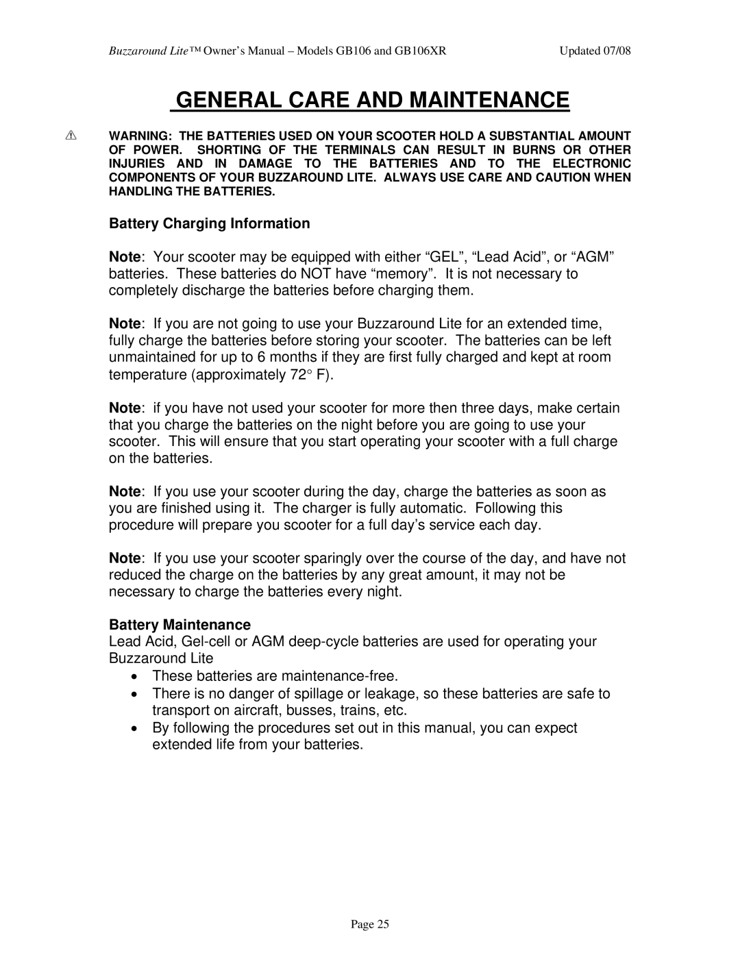 Golden Technologies GB106XR owner manual Battery Charging Information Battery Maintenance 