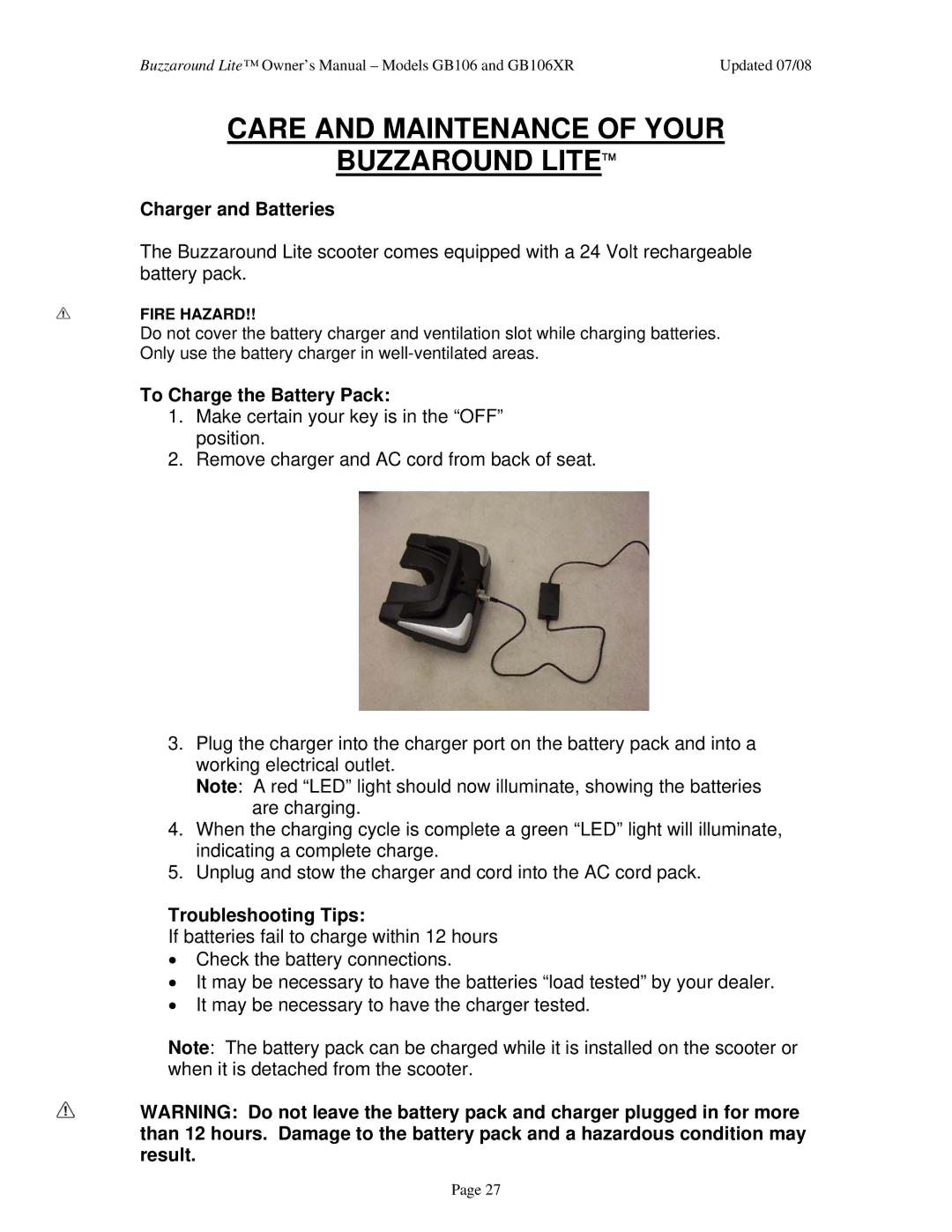 Golden Technologies GB106 Care and Maintenance of Your Buzzaround Lite, Charger and Batteries, To Charge the Battery Pack 