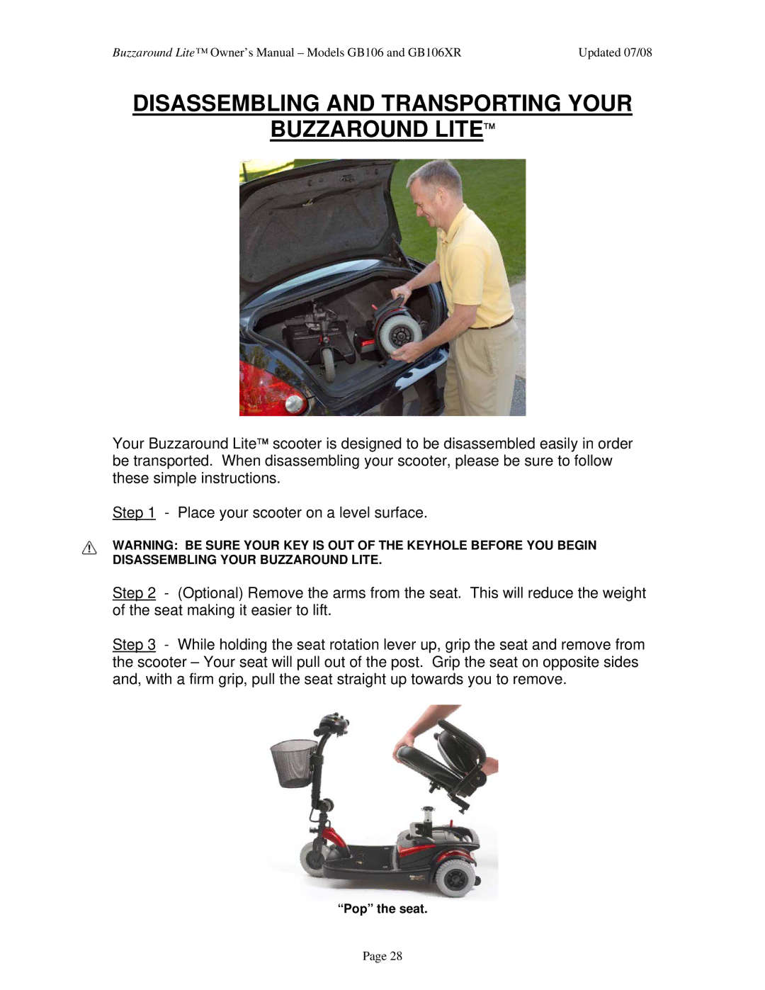 Golden Technologies GB106XR owner manual Disassembling and Transporting Your Buzzaround Lite 