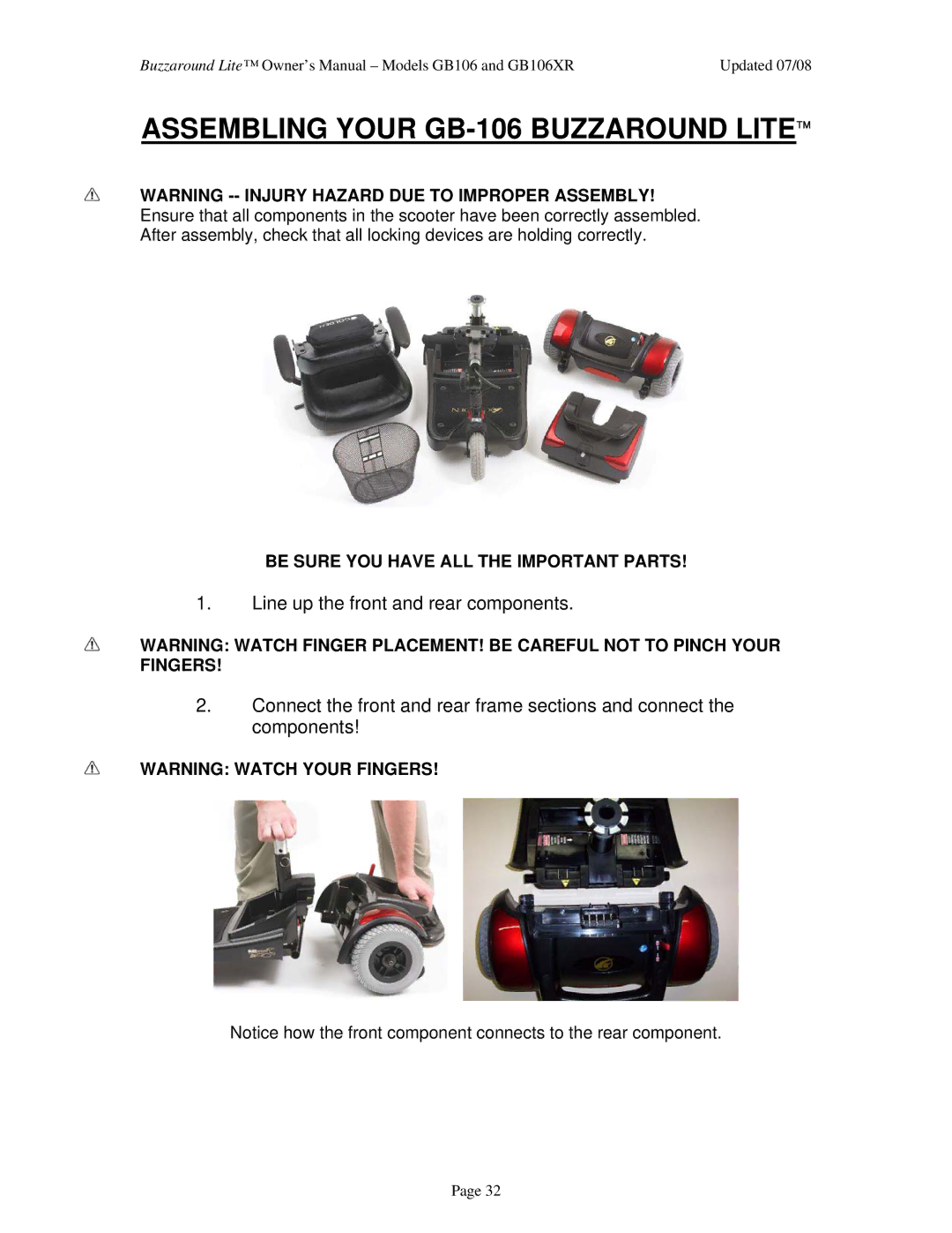 Golden Technologies GB106XR owner manual Assembling Your GB-106 Buzzaround Lite 