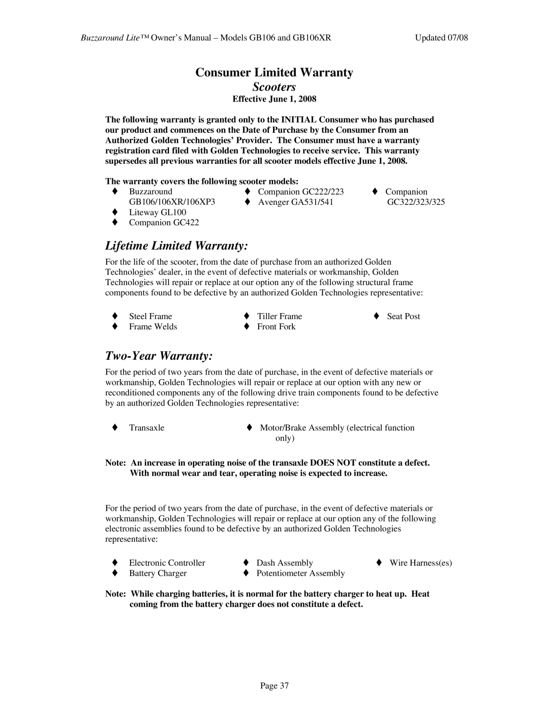 Golden Technologies GB106XR owner manual Scooters 