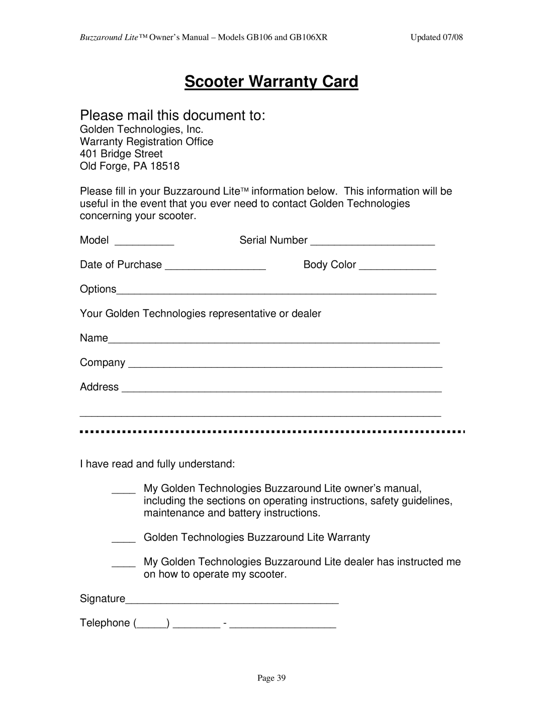 Golden Technologies GB106XR owner manual Scooter Warranty Card, Please mail this document to 