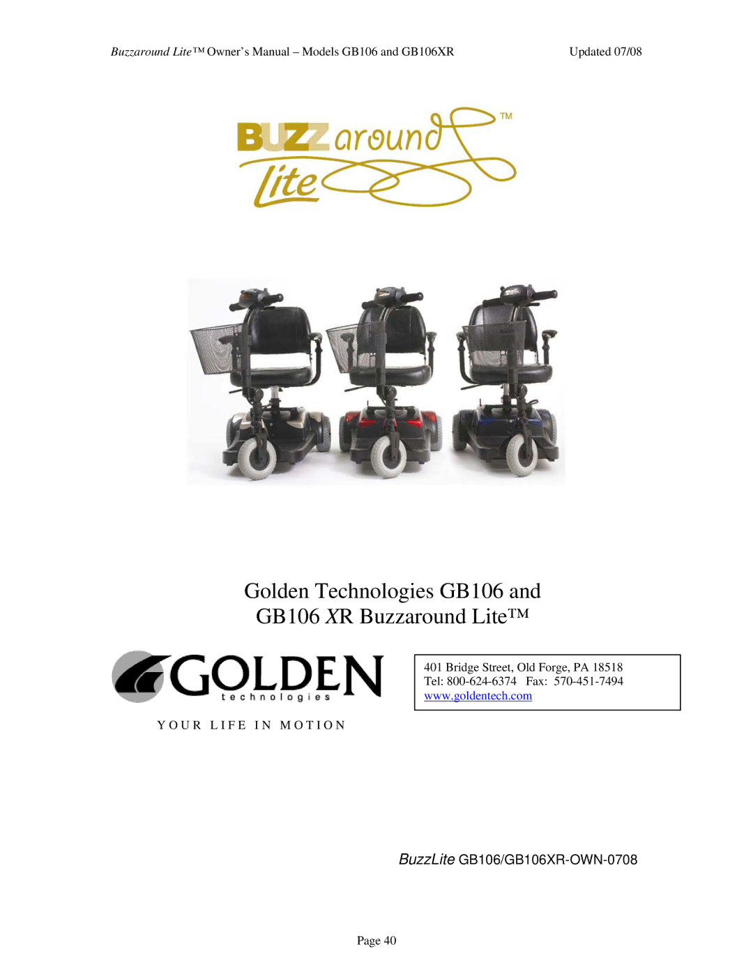 Golden Technologies GB106XR owner manual Golden Technologies GB106 GB106 XR Buzzaround Lite 