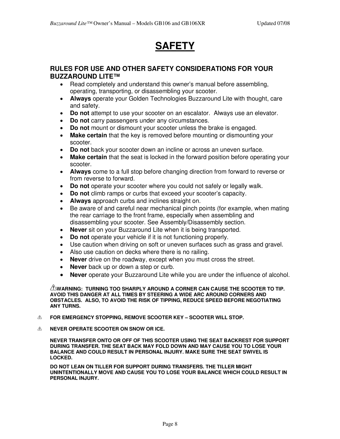 Golden Technologies GB106XR owner manual Safety 