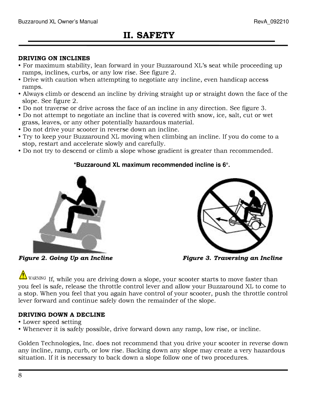 Golden Technologies GB116 owner manual Driving on Inclines, Driving Down a Decline 