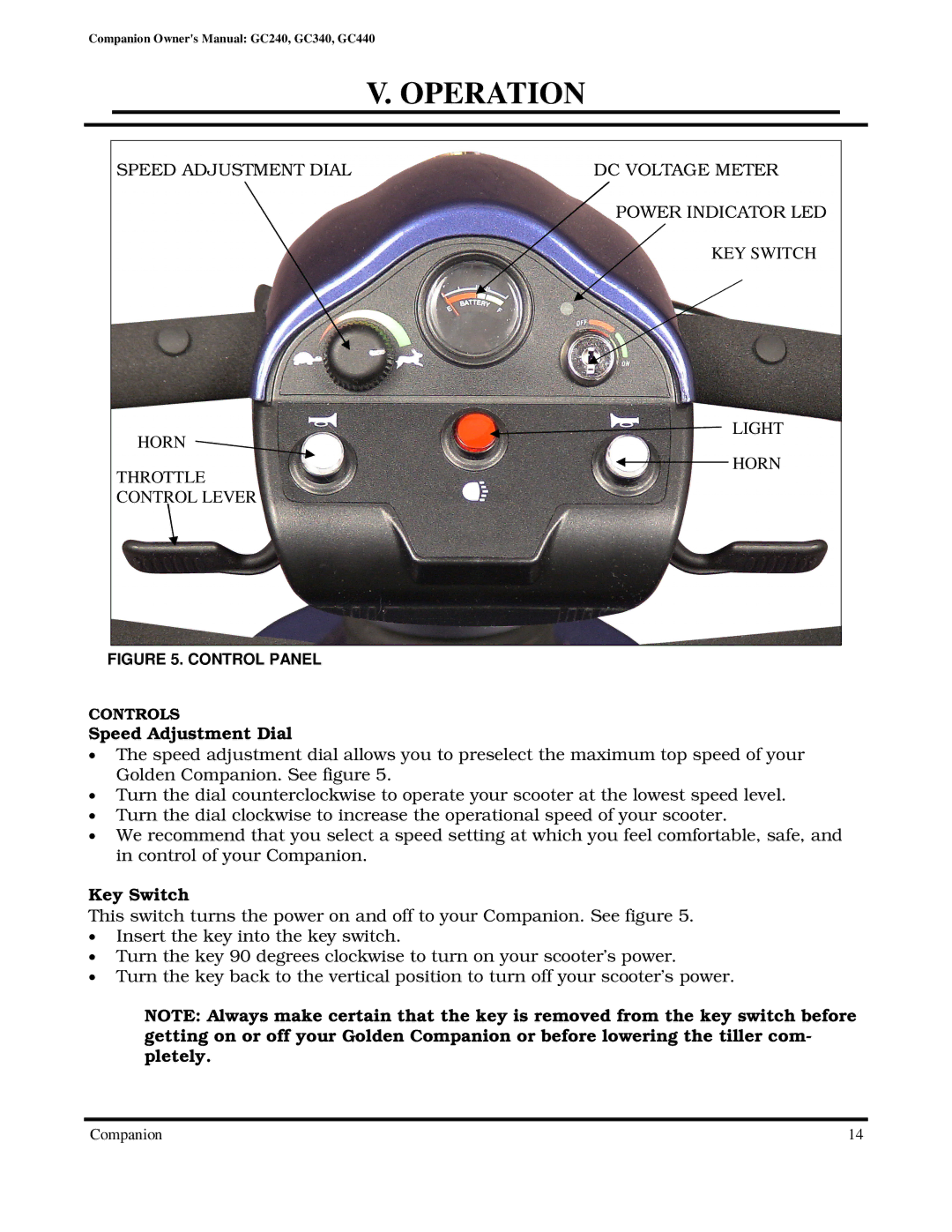 Golden Technologies GC440, GC240, GC340 owner manual Operation, Speed Adjustment Dial, Key Switch 