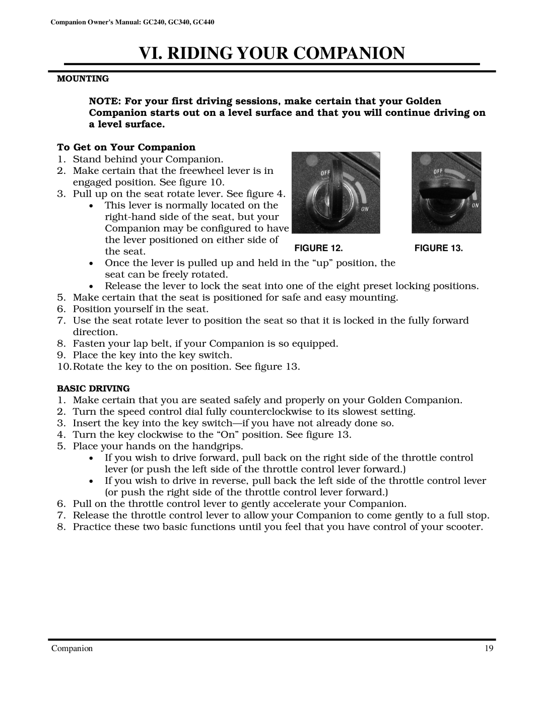 Golden Technologies GC340, GC240, GC440 owner manual VI. Riding Your Companion, To Get on Your Companion, Seat 