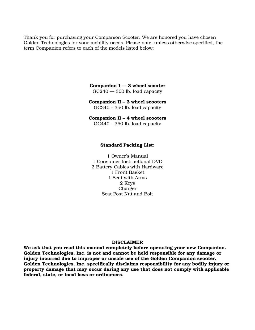 Golden Technologies GC440, GC240 Companion I 3 wheel scooter, Companion II 3 wheel scooters, Companion II 4 wheel scooters 