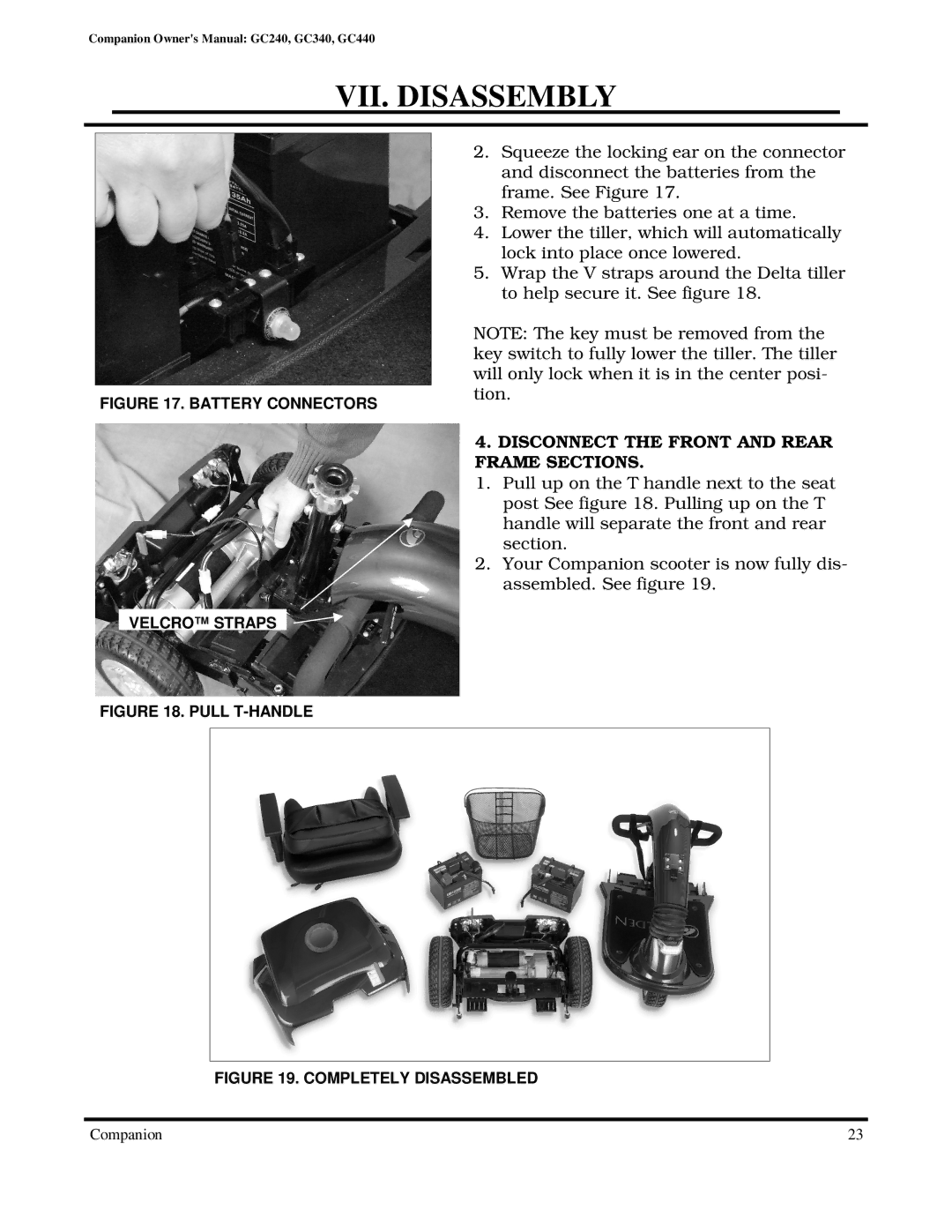 Golden Technologies GC440, GC240, GC340 Disconnect the Front and Rear Frame Sections, Battery Connectors Velcro Straps 