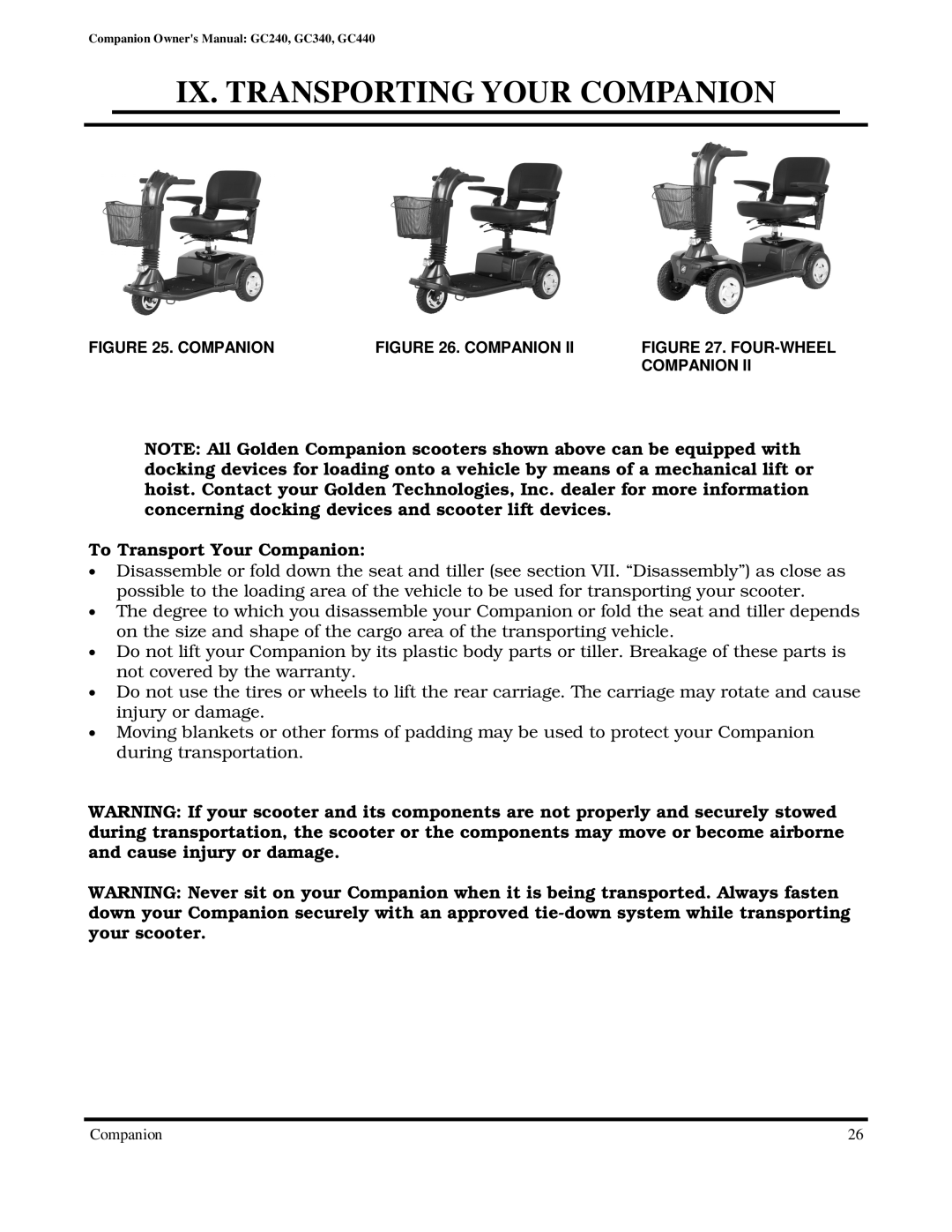 Golden Technologies GC440, GC240, GC340 owner manual IX. Transporting Your Companion, To Transport Your Companion 