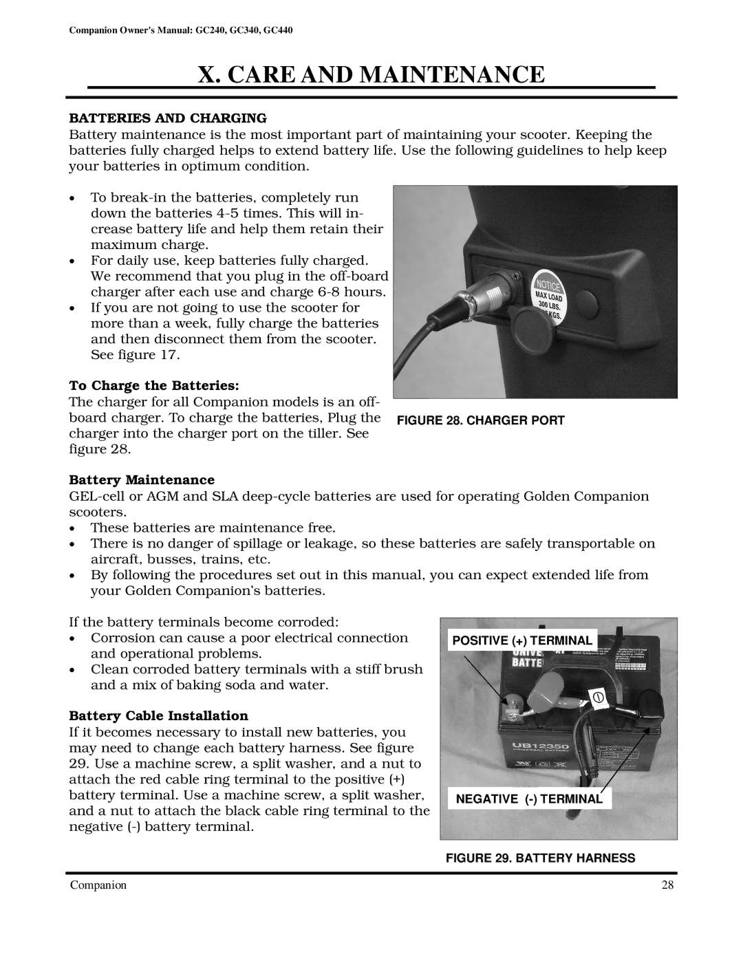 Golden Technologies GC340 Batteries and Charging, To Charge the Batteries, Battery Maintenance, Battery Cable Installation 