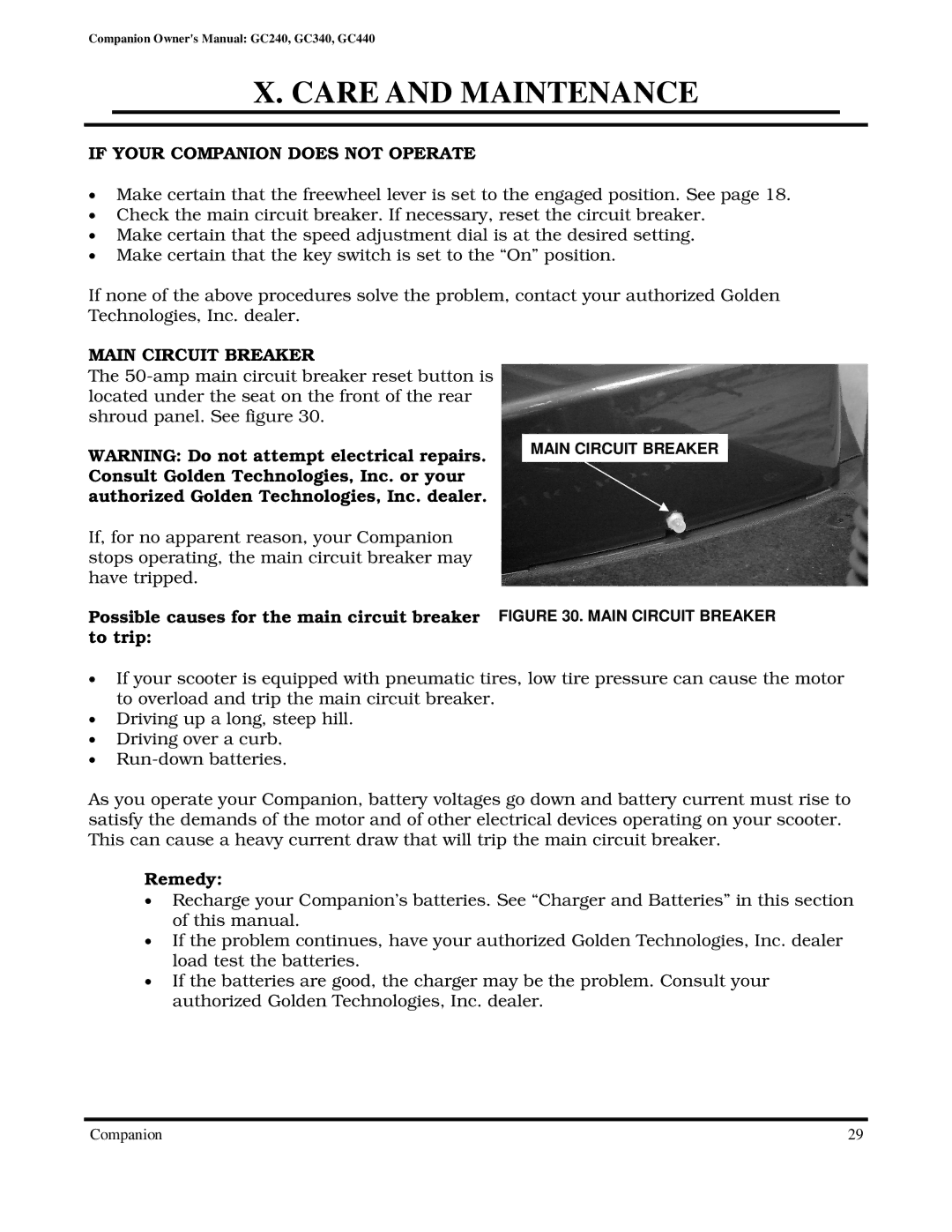 Golden Technologies GC440, GC240, GC340 owner manual If Your Companion does not Operate, Main Circuit Breaker, Remedy 