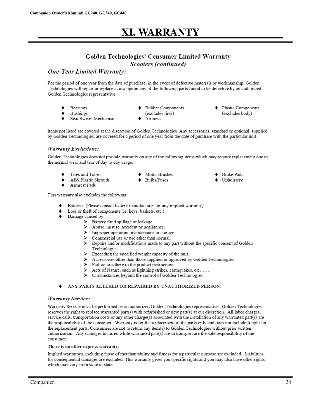 Golden Technologies GC340, GC240, GC440 owner manual XI. Warranty 