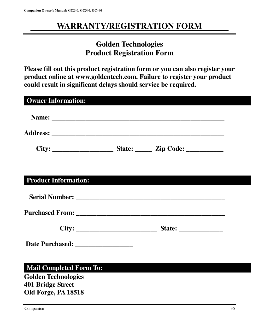 Golden Technologies GC440, GC240, GC340 WARRANTY/REGISTRATION Form, Golden Technologies Product Registration Form 