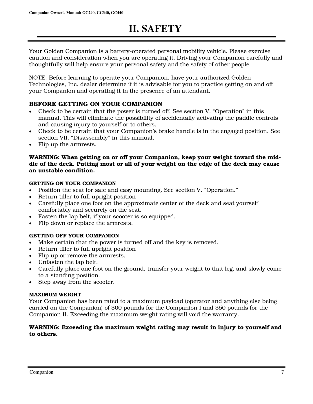 Golden Technologies GC340, GC240, GC440 owner manual II. Safety, Before Getting on Your Companion 