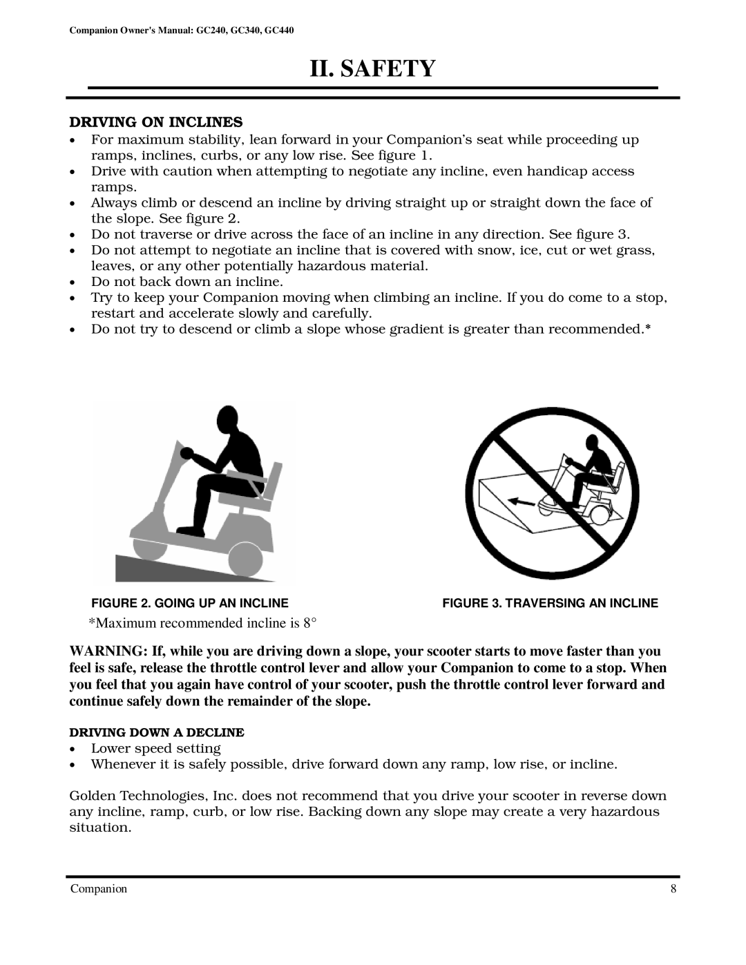 Golden Technologies GC440, GC240, GC340 owner manual Driving on Inclines 