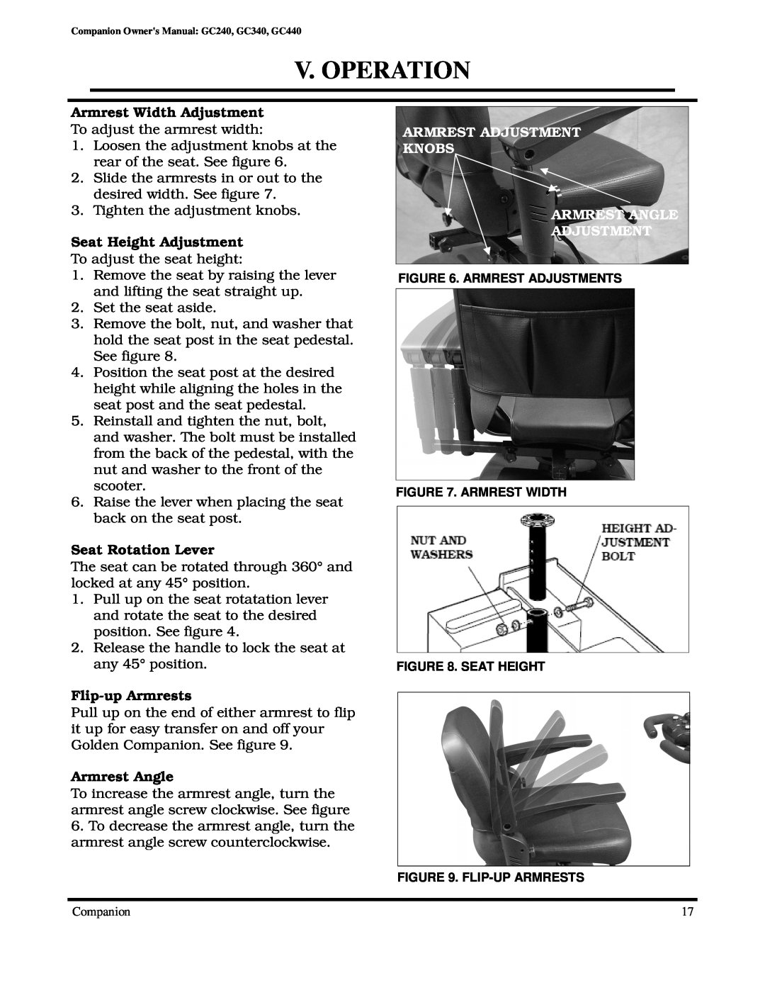 Golden Technologies GC440, GC240, GC340 V. Operation, Armrest Width Adjustment, Seat Height Adjustment, Seat Rotation Lever 