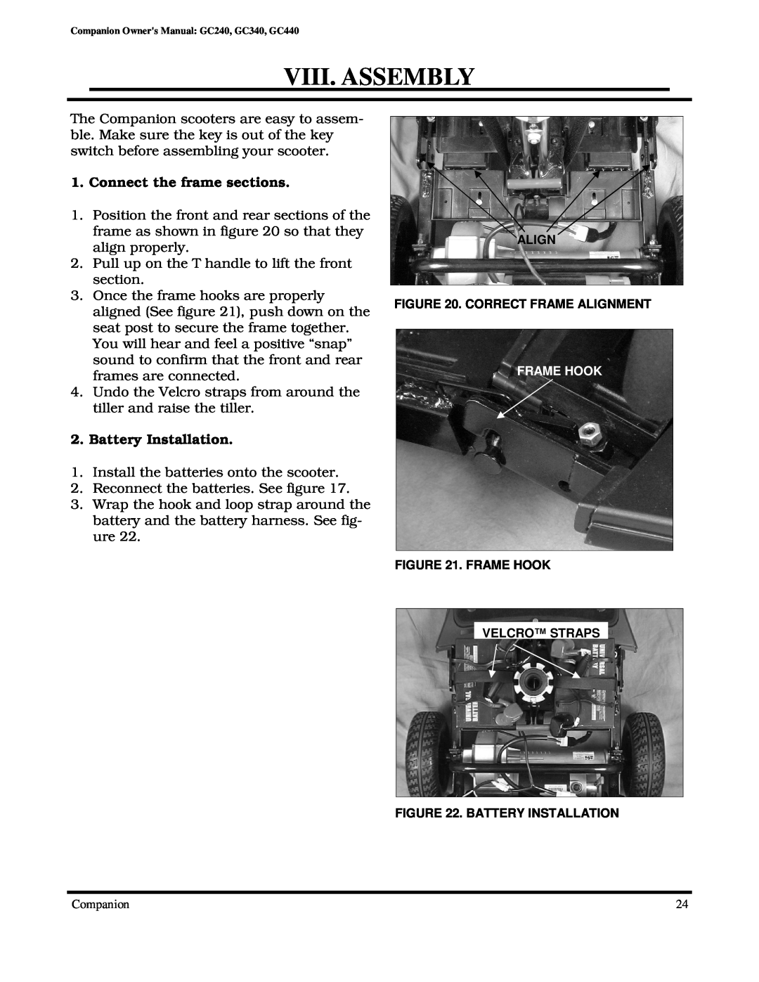 Golden Technologies GC240, GC340, GC440 owner manual Viii. Assembly, Connect the frame sections, Battery Installation 