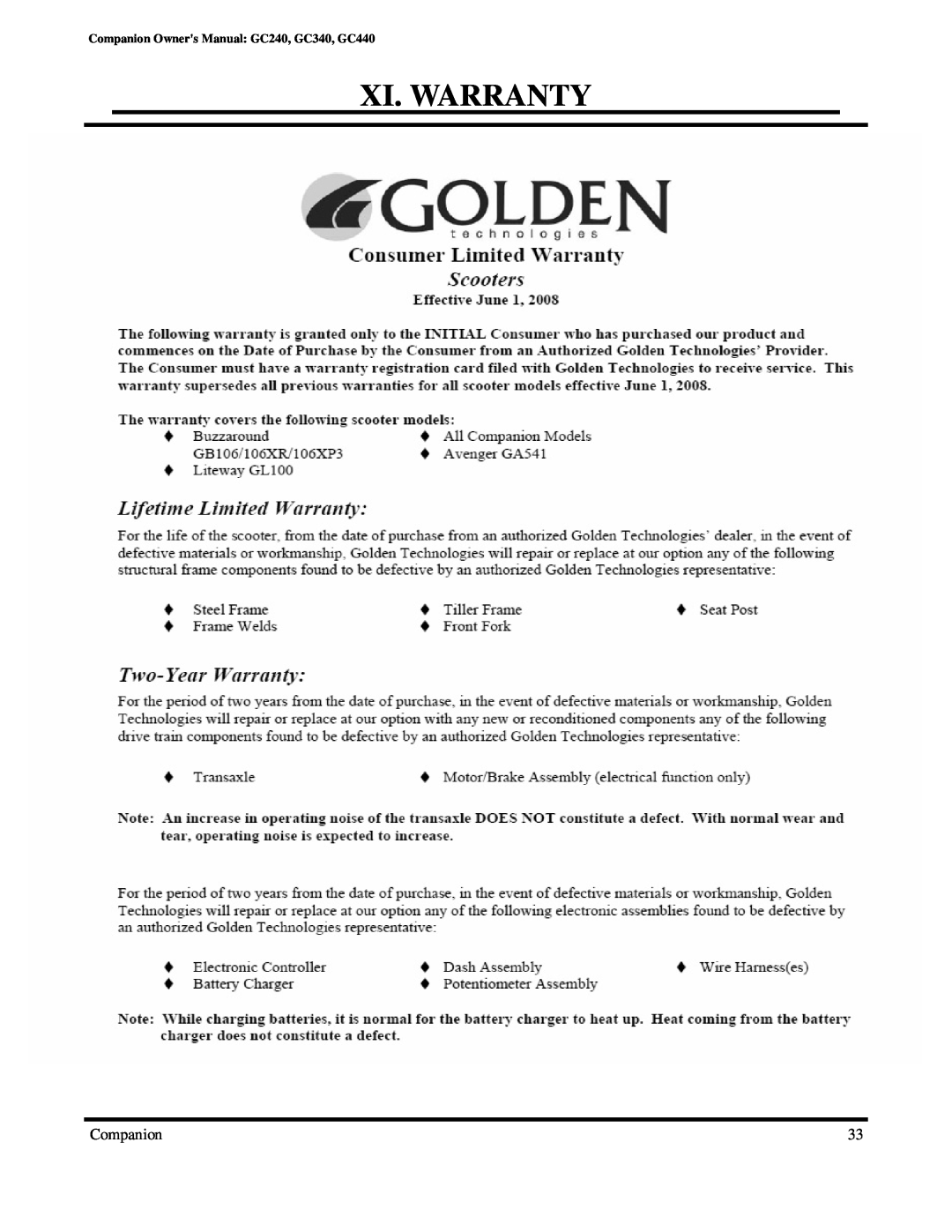 Golden Technologies owner manual Xi. Warranty, Companion Owners Manual GC240, GC340, GC440 