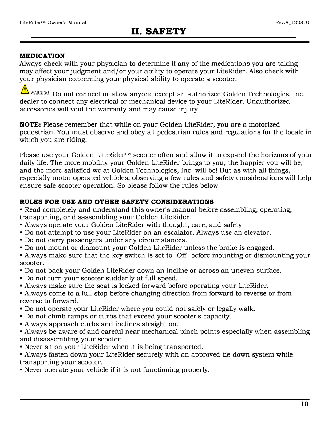 Golden Technologies GL110, GL140 owner manual Medication, Rules For Use And Other Safety Considerations, Ii. Safety 