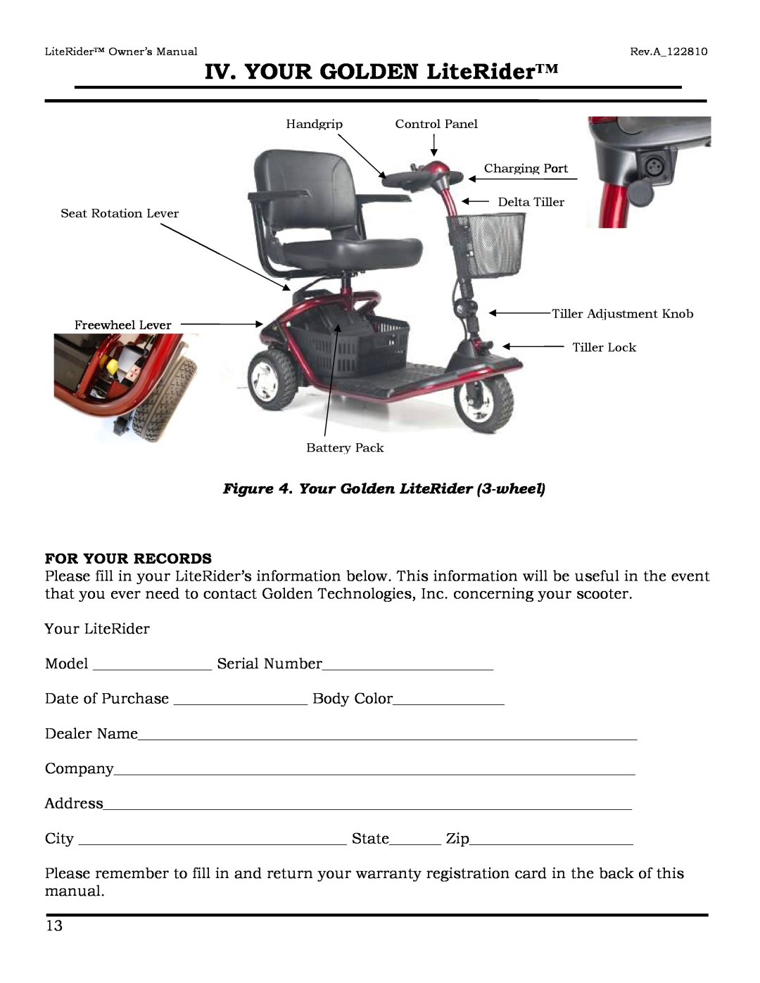 Golden Technologies GL140, GL110 owner manual IV. YOUR GOLDEN LiteRider, Your Golden LiteRider 3-wheel, For Your Records 