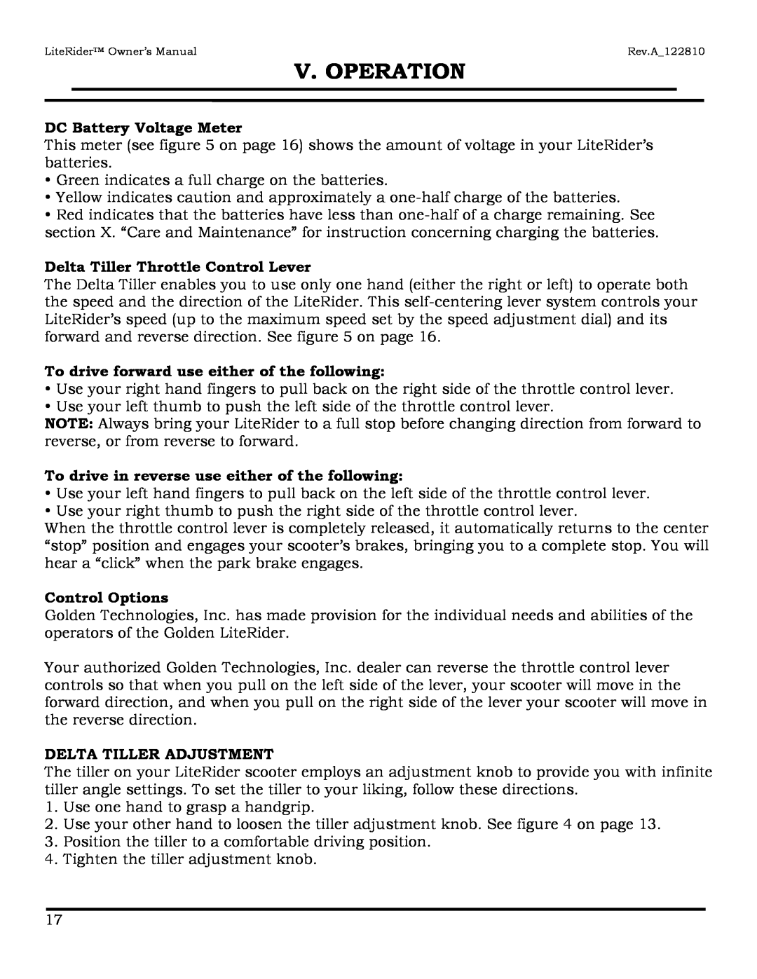 Golden Technologies GL140 DC Battery Voltage Meter, Delta Tiller Throttle Control Lever, Control Options, V. Operation 