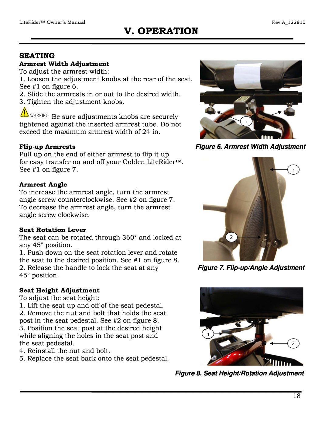 Golden Technologies GL110, GL140 Seating, Armrest Width Adjustment, Flip-up Armrests, Armrest Angle, Seat Rotation Lever 