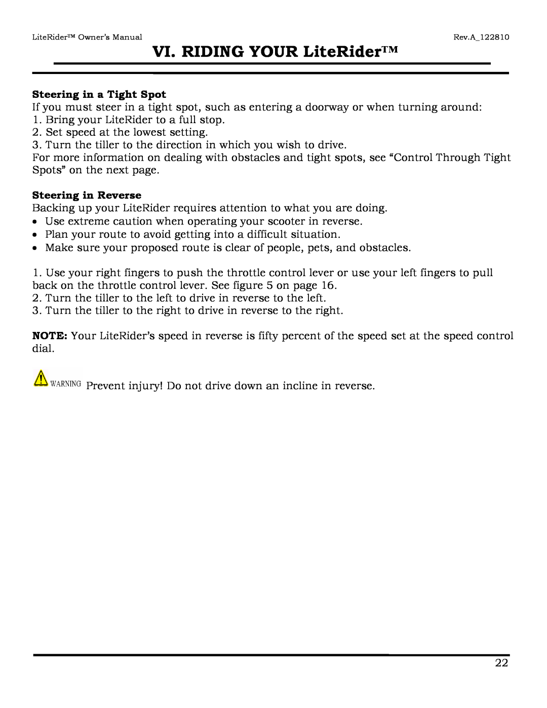 Golden Technologies GL110, GL140 owner manual Steering in a Tight Spot, Steering in Reverse, VI. RIDING YOUR LiteRider 