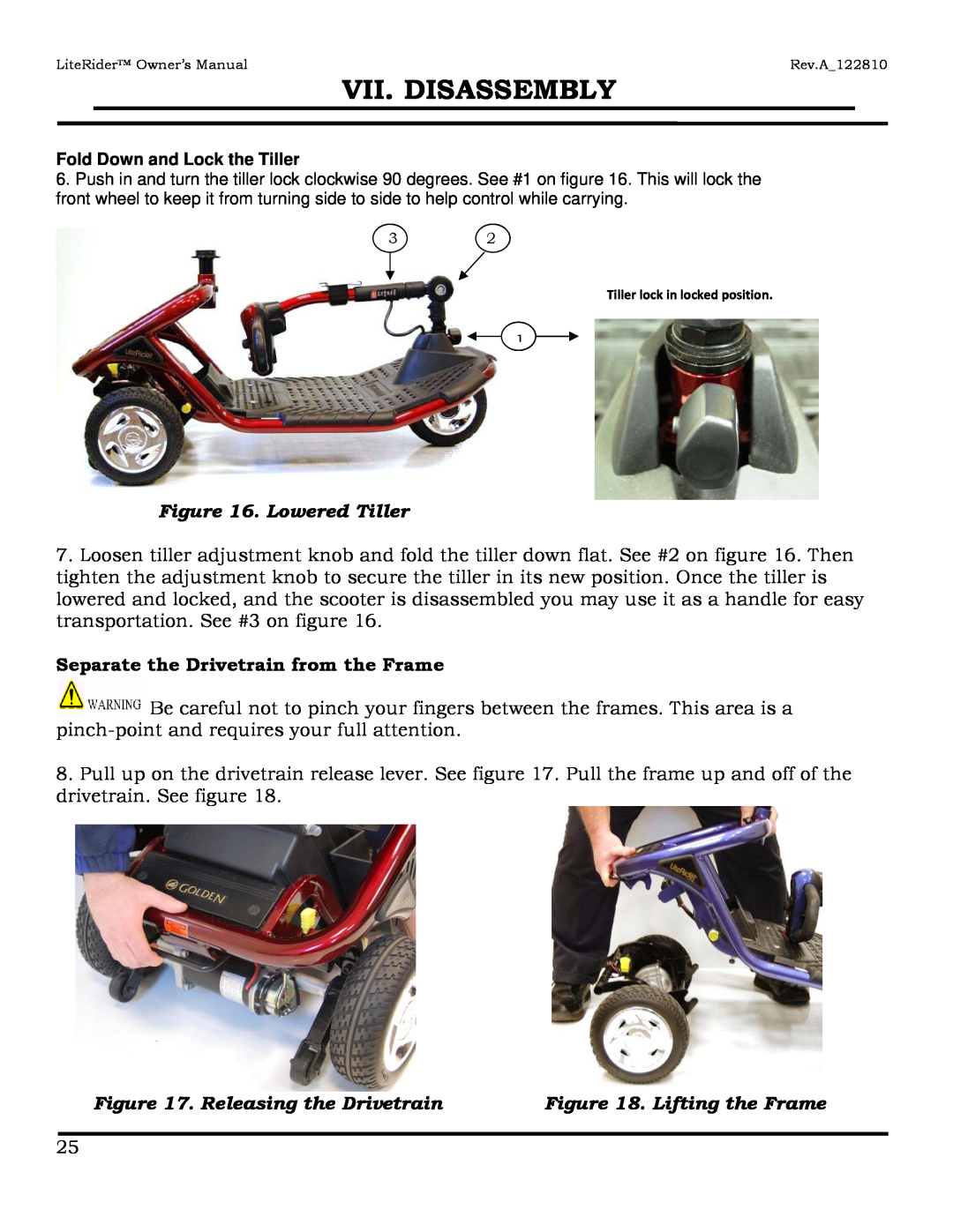 Golden Technologies GL140, GL110 Lowered Tiller, Separate the Drivetrain from the Frame, Releasing the Drivetrain 