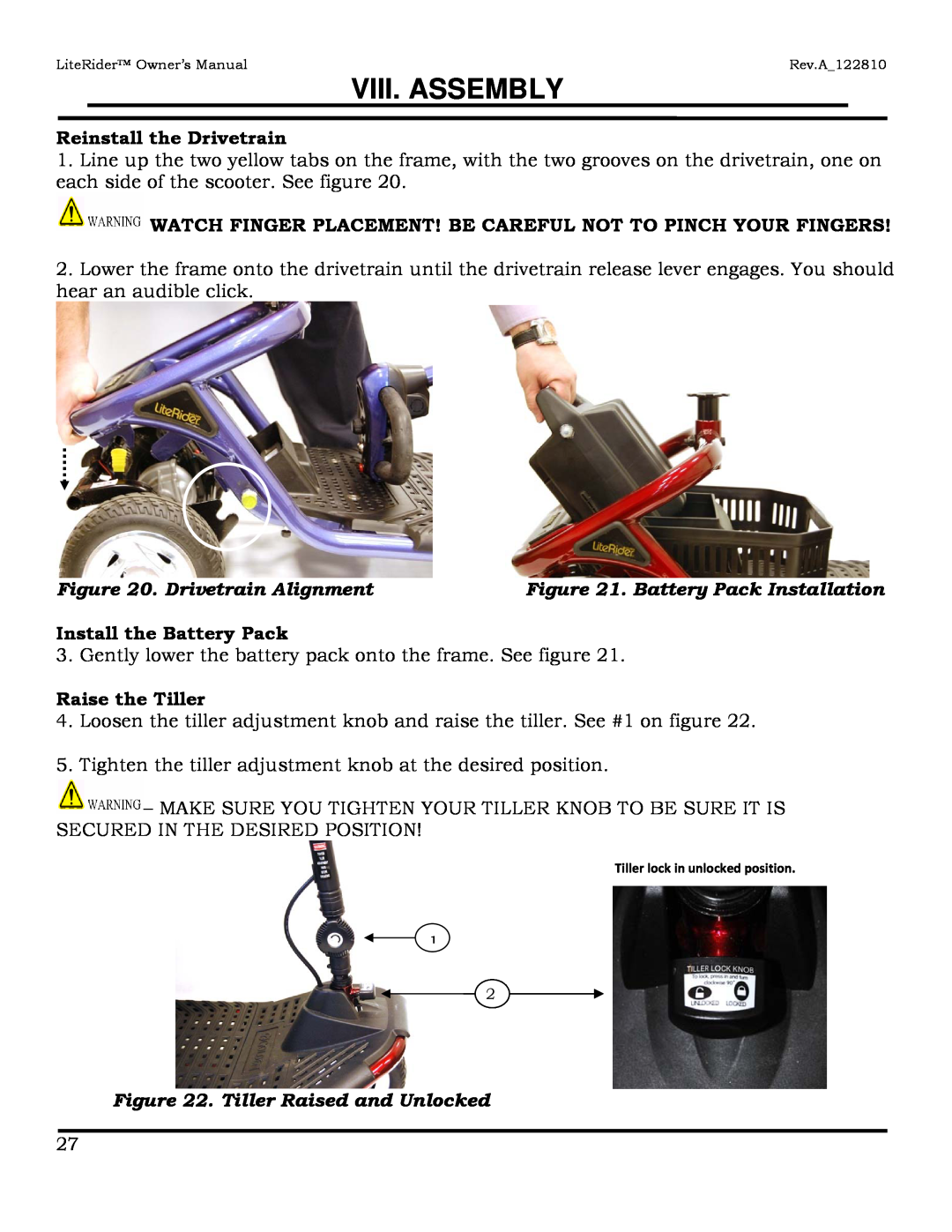 Golden Technologies GL140, GL110 Reinstall the Drivetrain, Watch Finger Placement! Be Careful Not To Pinch Your Fingers 