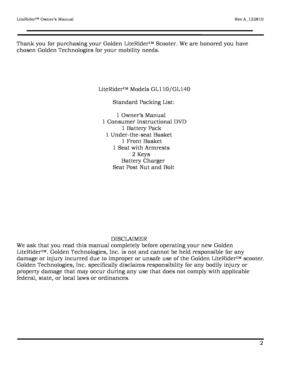 Golden Technologies owner manual LiteRider Models GL110/GL140 Standard Packing List 1 Owner’s Manual 
