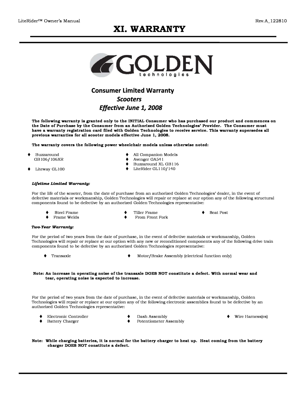 Golden Technologies GL110 Xi. Warranty, Consumer Limited Warranty, Scooters Effective June, LiteRider Owner’s Manual 