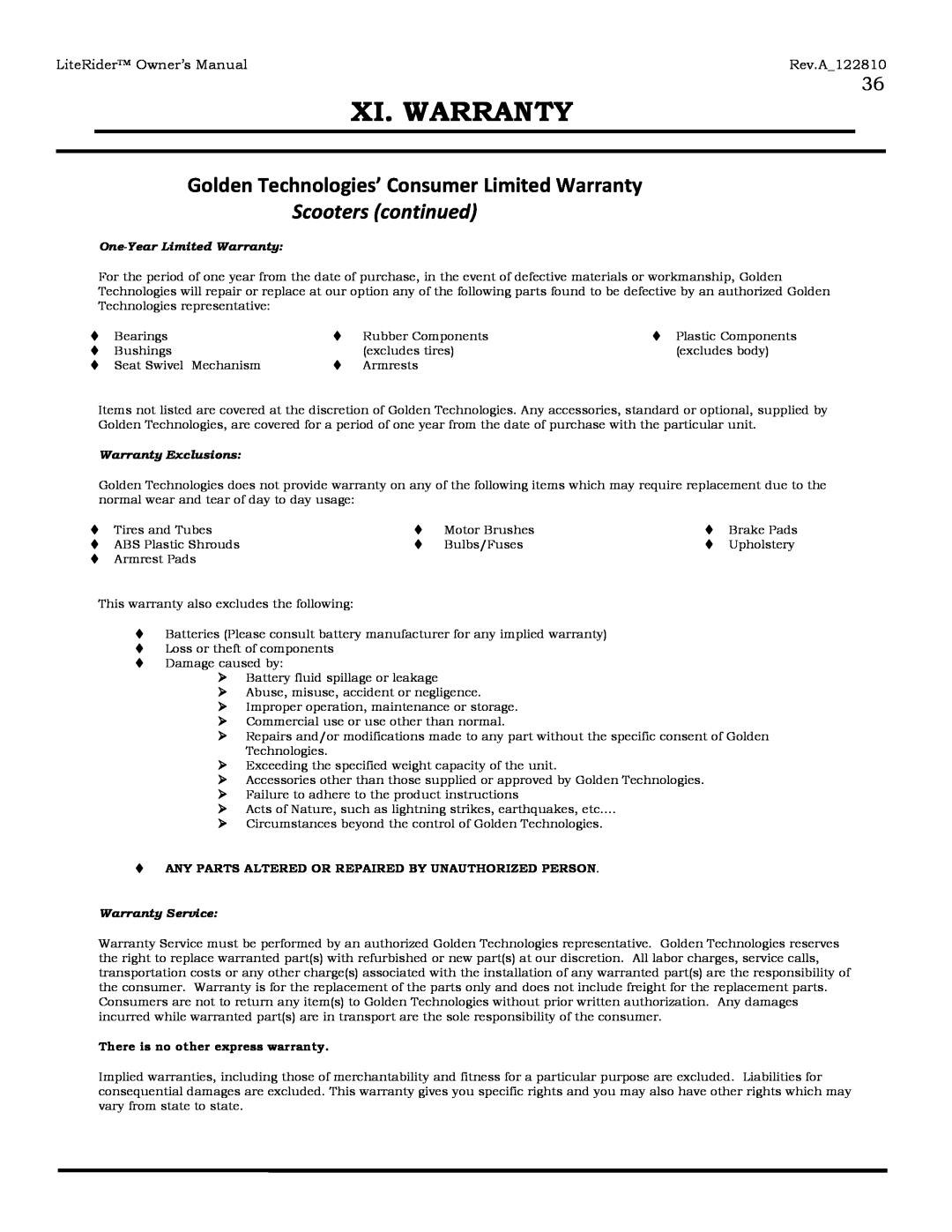 Golden Technologies GL140 Golden Technologies’ Consumer Limited Warranty, Scooters continued, Xi. Warranty, Rev.A122810 