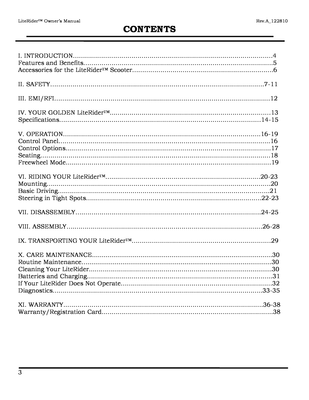Golden Technologies GL140, GL110 owner manual Contents 