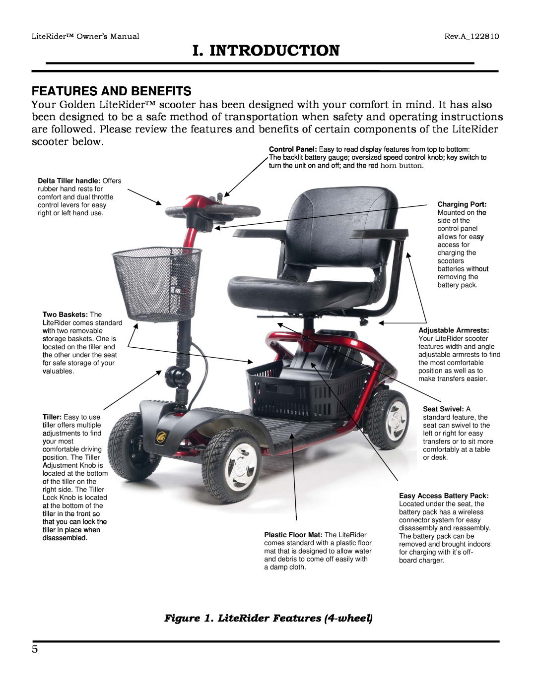 Golden Technologies GL140 Features And Benefits, LiteRider Features 4-wheel, I. Introduction, LiteRider Owner’s Manual 