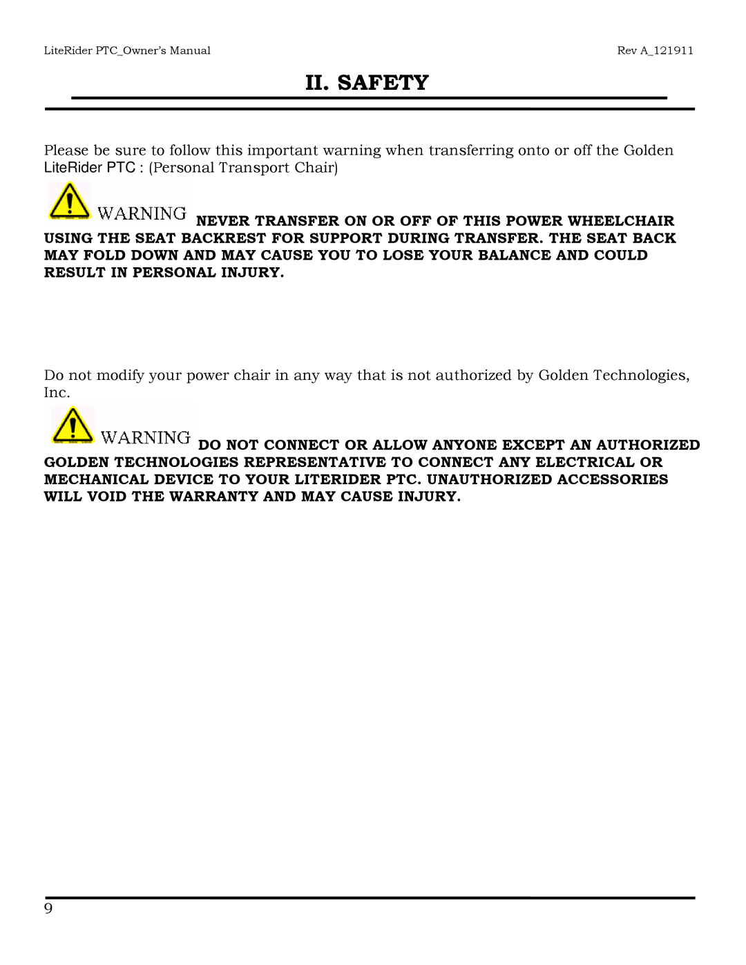 Golden Technologies GP160 owner manual II. Safety 