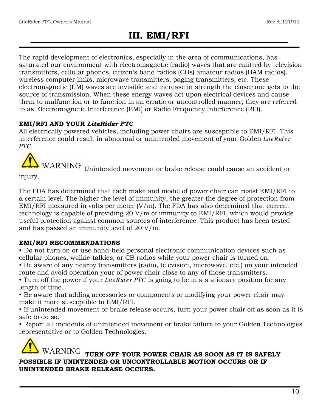 Golden Technologies GP160 owner manual Iii. Emi/Rfi, EMI/RFI and Your LiteRider PTC, EMI/RFI Recommendations 