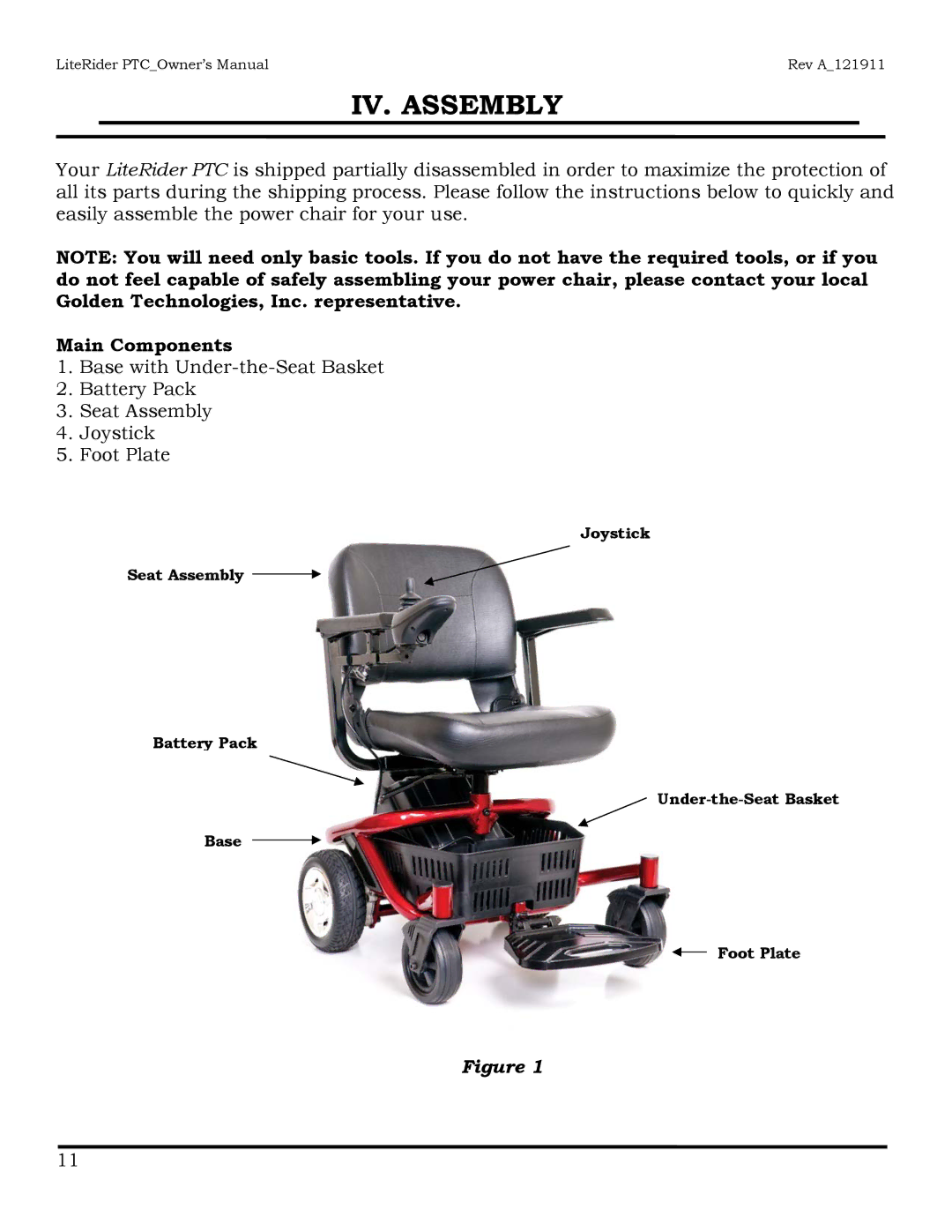 Golden Technologies GP160 owner manual IV. Assembly, Main Components 