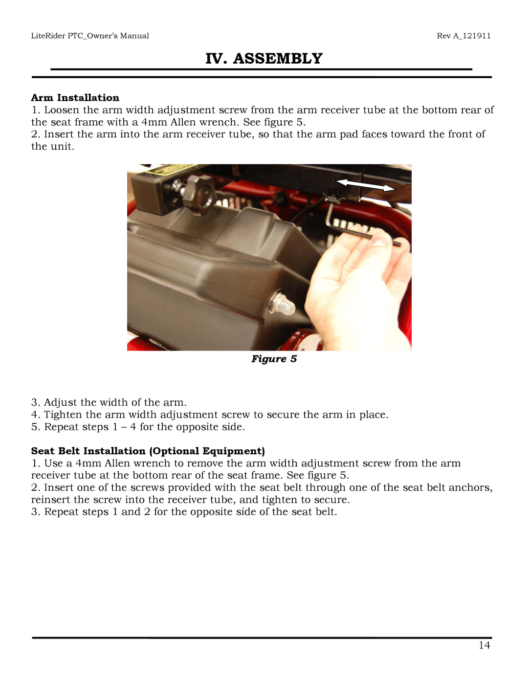 Golden Technologies GP160 owner manual Arm Installation, Seat Belt Installation Optional Equipment 