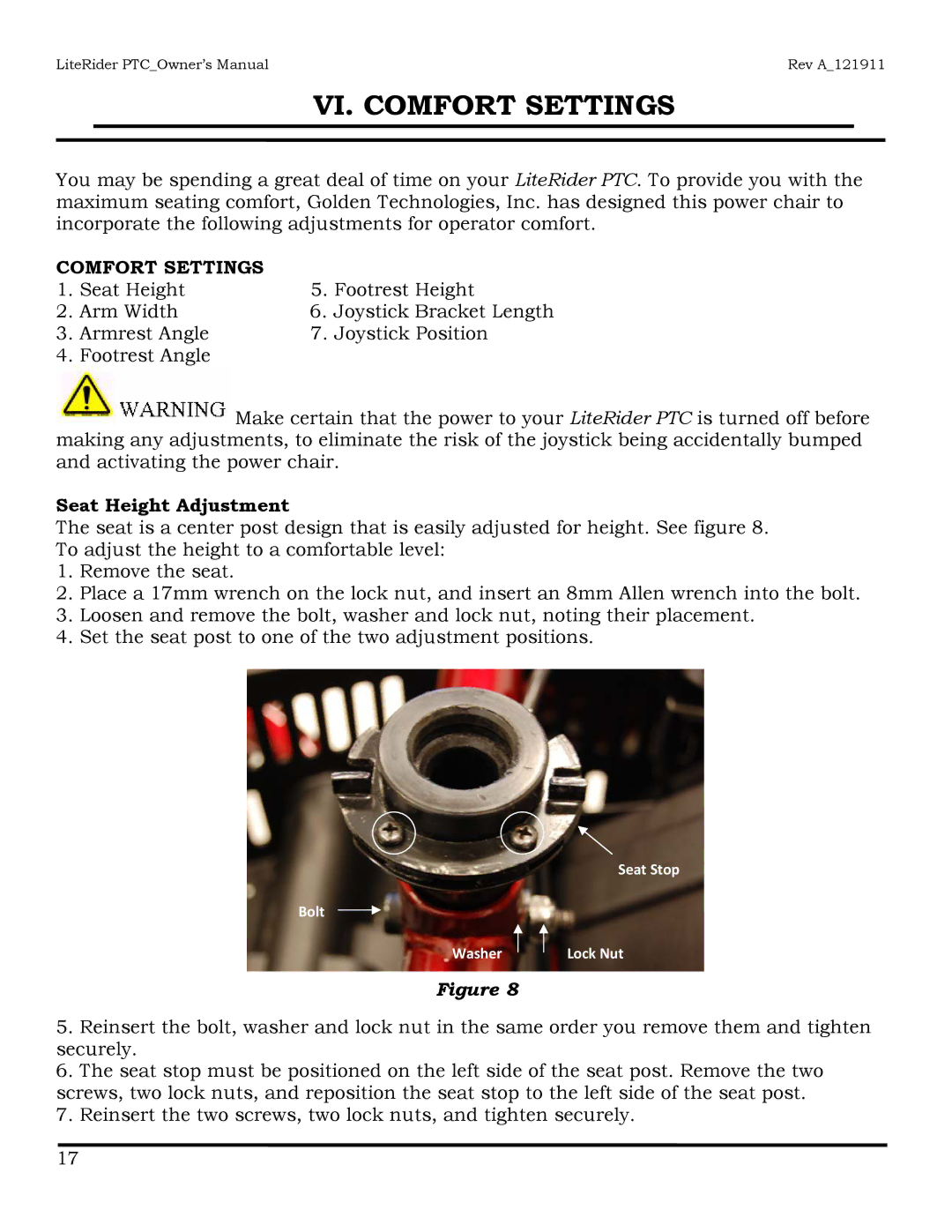 Golden Technologies GP160 owner manual VI. Comfort Settings, Seat Height Adjustment 