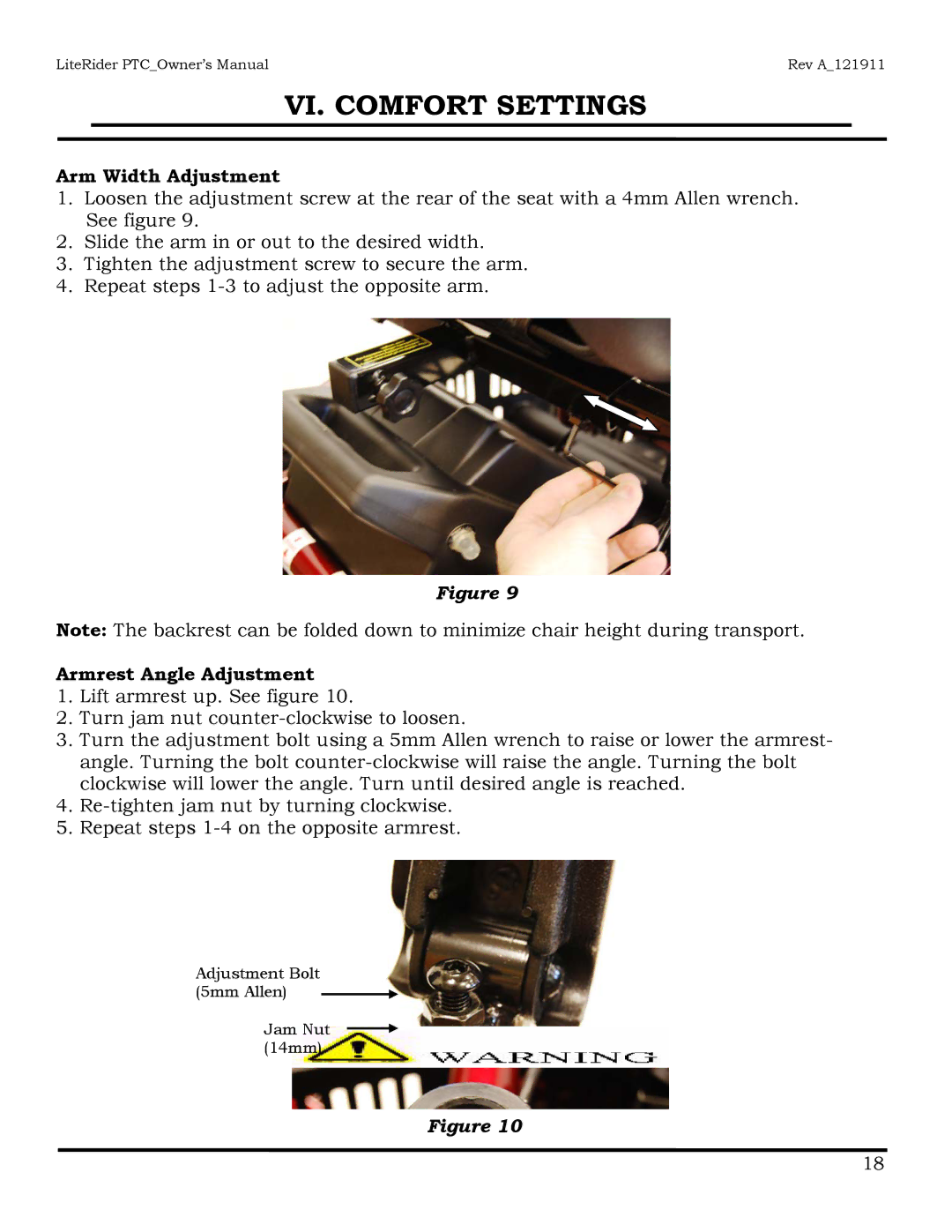 Golden Technologies GP160 owner manual Arm Width Adjustment, Armrest Angle Adjustment 