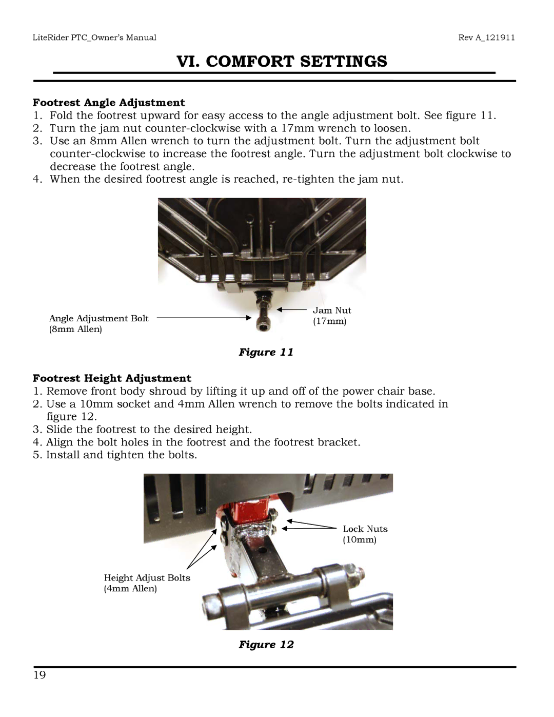 Golden Technologies GP160 owner manual Footrest Angle Adjustment, Footrest Height Adjustment 