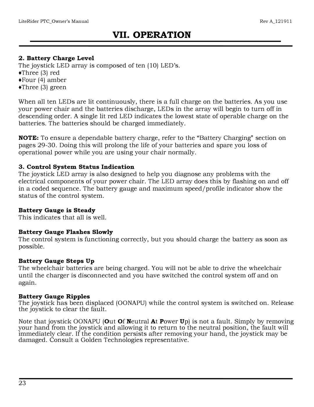 Golden Technologies GP160 owner manual Battery Charge Level, Control System Status Indication, Battery Gauge is Steady 