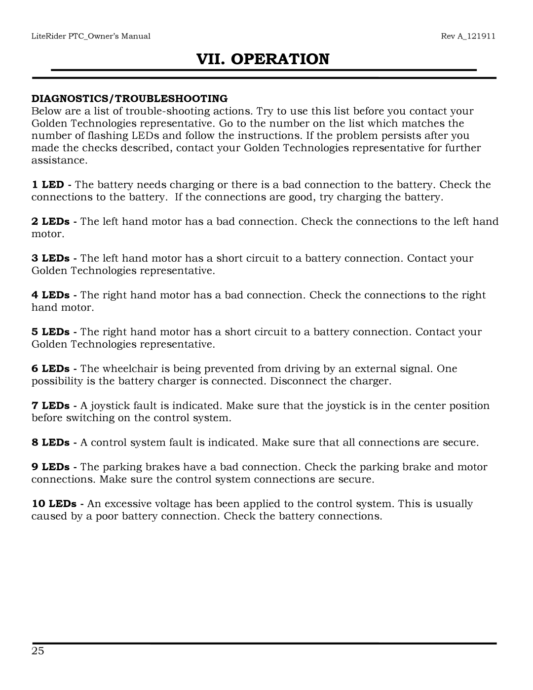 Golden Technologies GP160 owner manual Diagnostics/Troubleshooting 