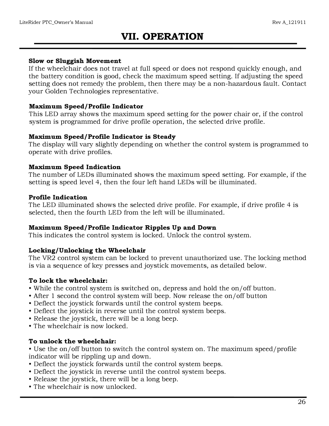 Golden Technologies GP160 owner manual Slow or Sluggish Movement, Maximum Speed/Profile Indicator, Maximum Speed Indication 